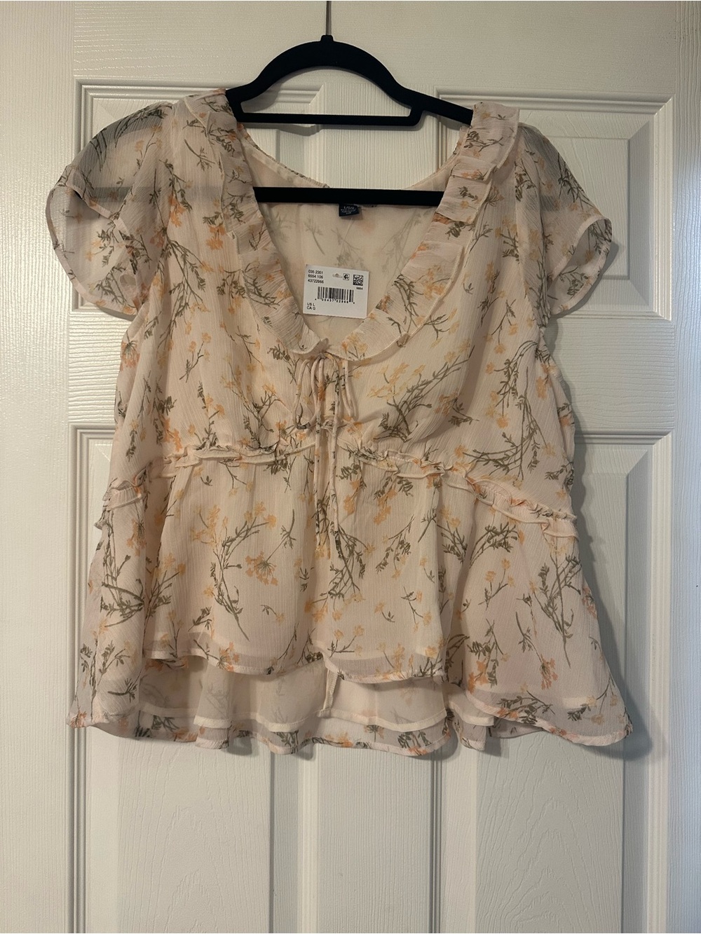 American Eagle Outfitters Blush Cream Floral Ruffle Tie-Front Top